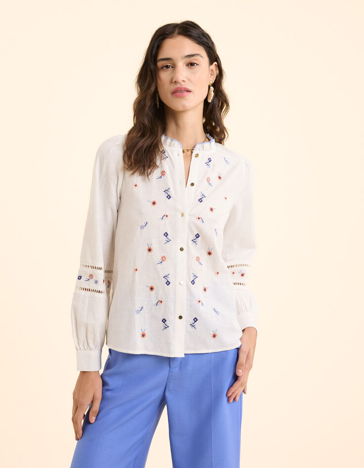 Off-white Bluse mit mehrfarbigen Blumen bestickt I.Code-3