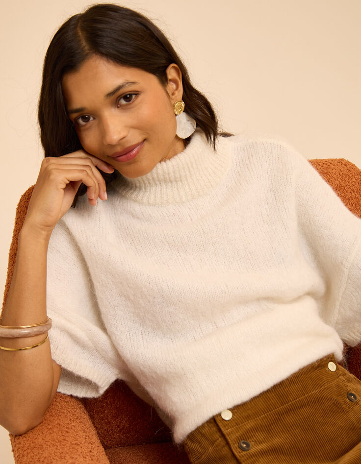 Cremewei&szlig;er Strickpullover mit kurzen &Auml;rmeln I.Code-1