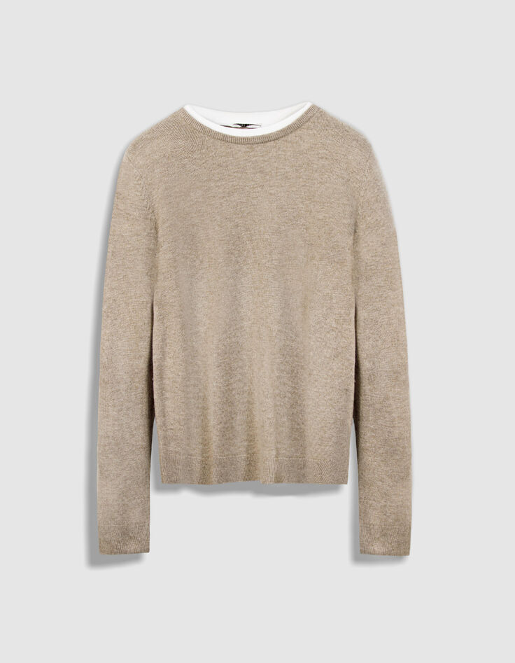 Beigefarbener Wollstrickpullover f&uuml;r Damen mit Trompe-l'oeil-Kragen-6