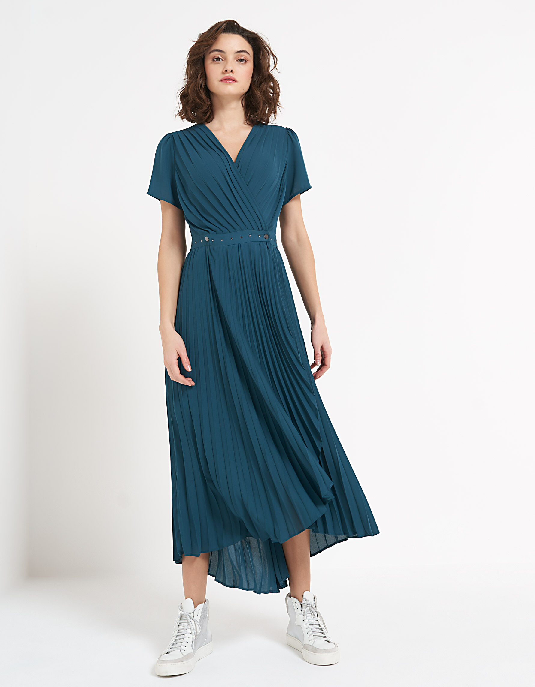 Langes plissiertes Wickelkleid in Sea Green I.Code