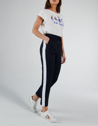 Pantalon de jogging marine à bandes blanches côtés I.Code