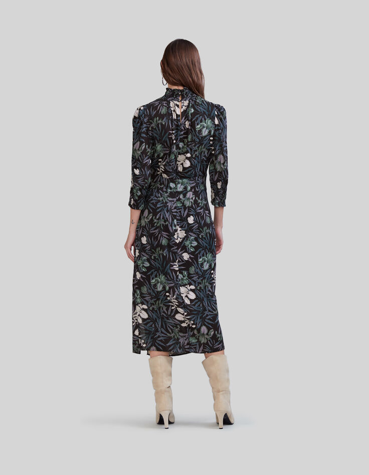 Schwarzes Midi-Damenkleid mit Orchideenprint-2