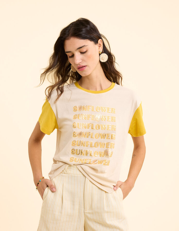 Tee-shirt écru manches jaune à message I.Code-3