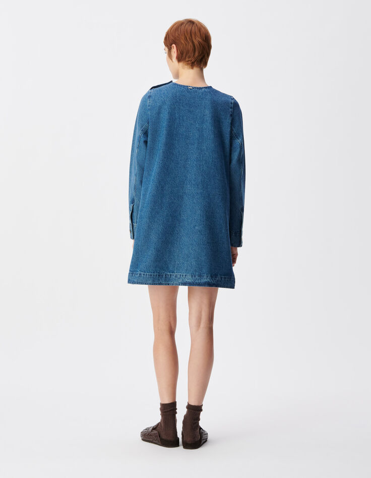 Blaues Kleid aus Denim f&uuml;r Damen mit drei aufgesetzten Taschen-4