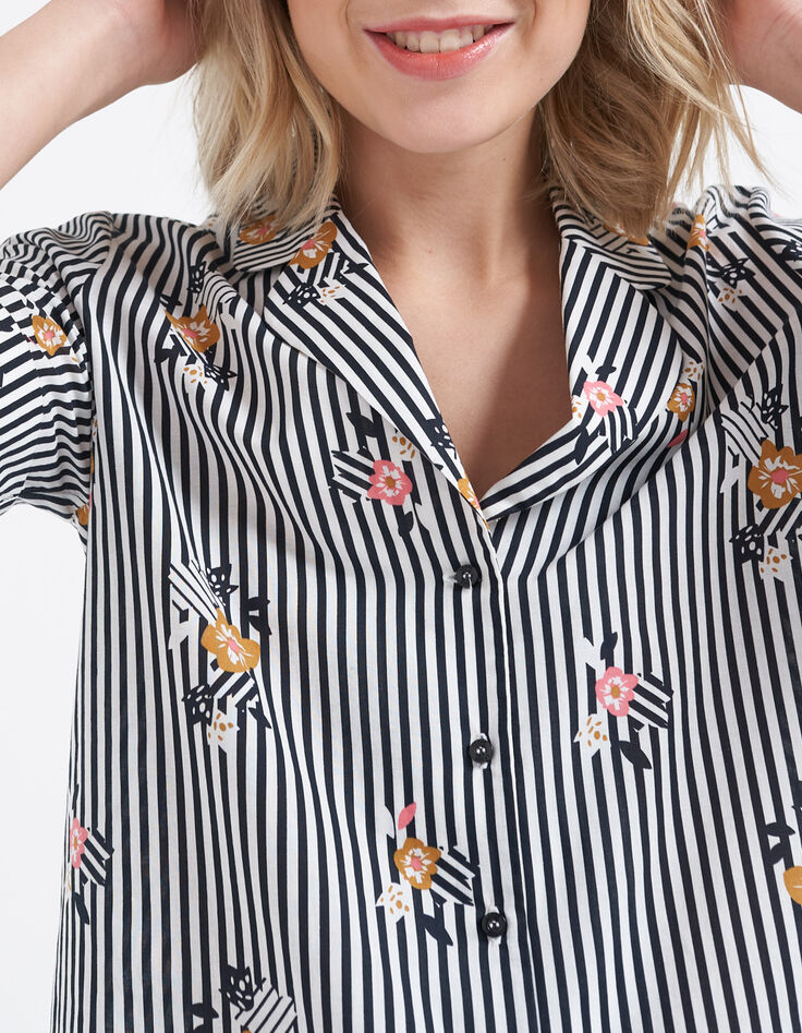 Schwarze Bluse mit Blumen-Streifen-Print I.Code-1
