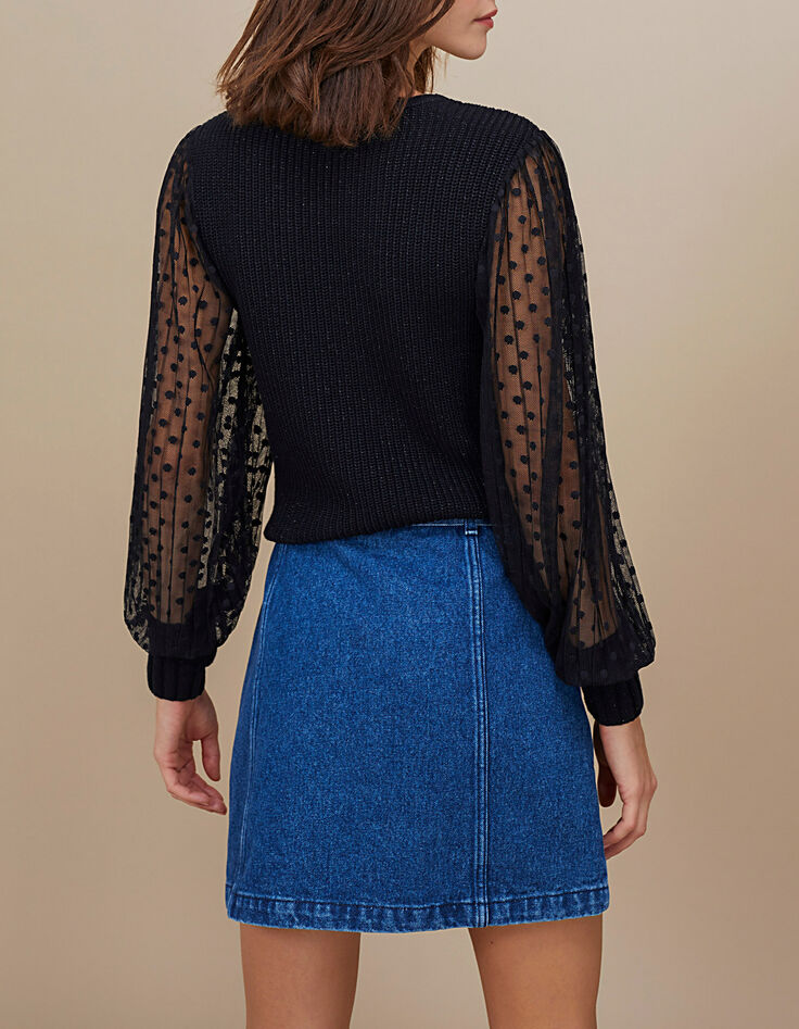 Pull noir bi matière à manches résille plissée I.Code-3