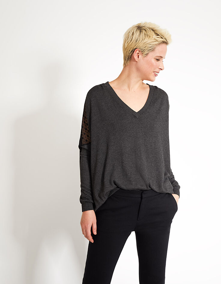 Grauer Cape-Pullover, schwarzer Mesh-Rücken mit Herzen I.Code-3
