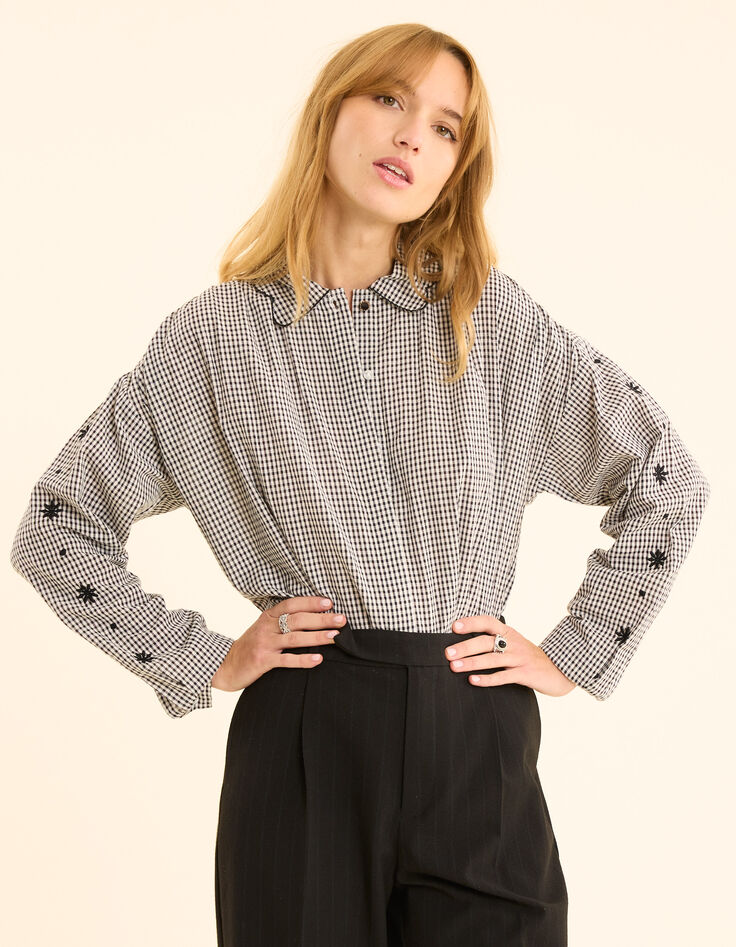 Hemd in Ecru mit Gingham-Muster und gestickten Blumenärmeln I.Code-3