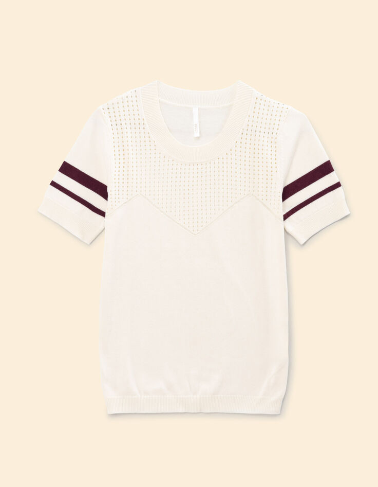 I.Code white openwork knit sweater with burgundy stripes-6