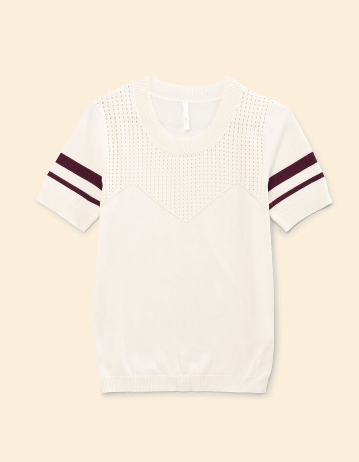 Witte gebreide trui ajour bordeaux strepen I.Code-6 Witte gebreide trui ajour bordeaux strepen I.Code-6