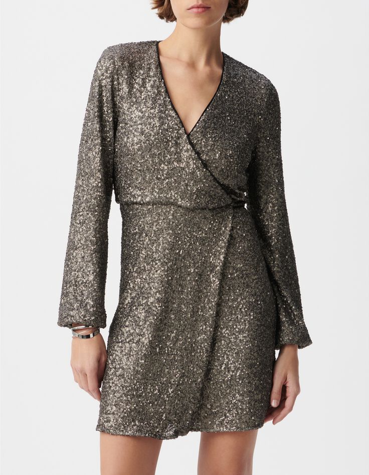 Graues Metallic-Pailletten besticktes Damen-Wickelkleid -2