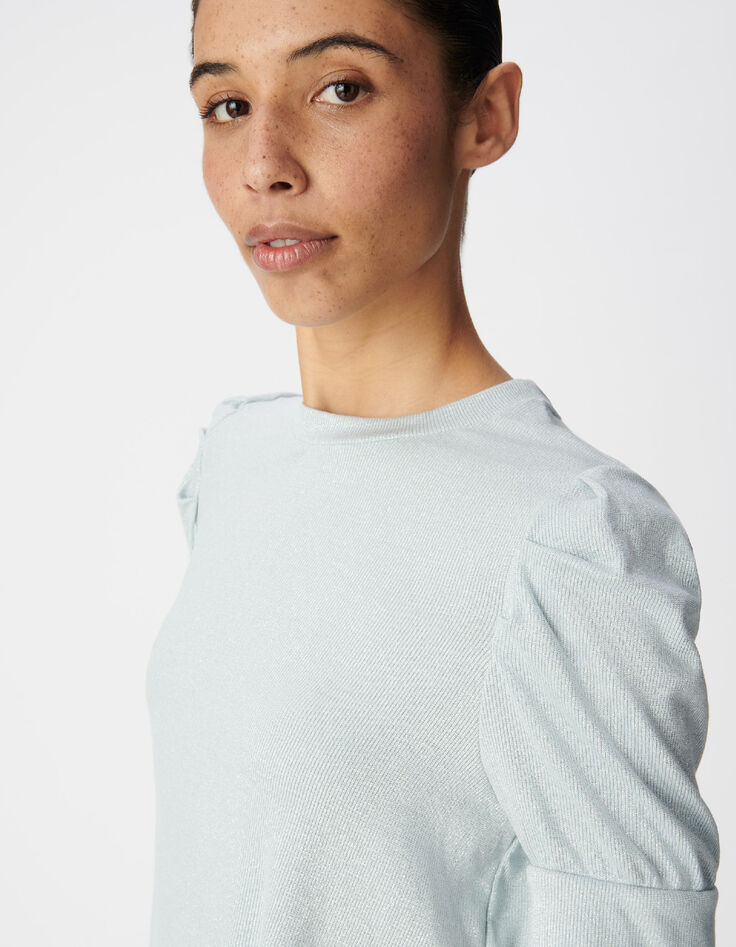 Blaues Pailletten-Rundhalsausschnitt-T-Shirt f&uuml;r Damen mit gerafften &Auml;rmeln-4