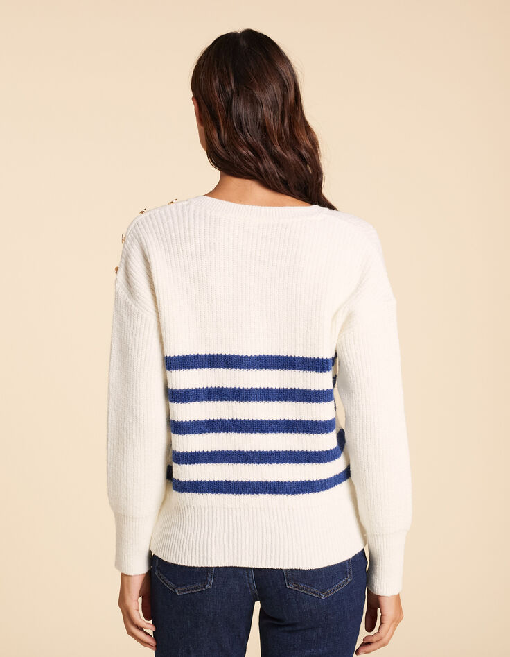 Pull blanc tricot ray&eacute; bleu I.Code-3