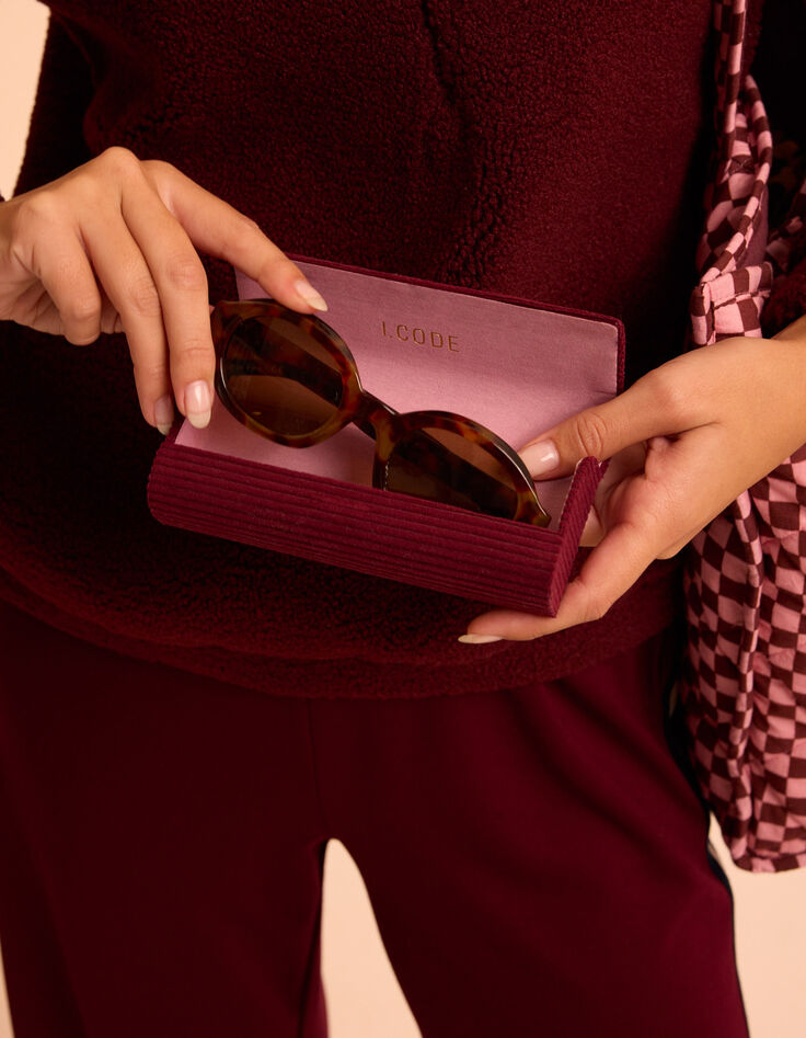 Etui &agrave; lunettes bordeaux velours c&ocirc;tel&eacute; brod&eacute; I.Code-1