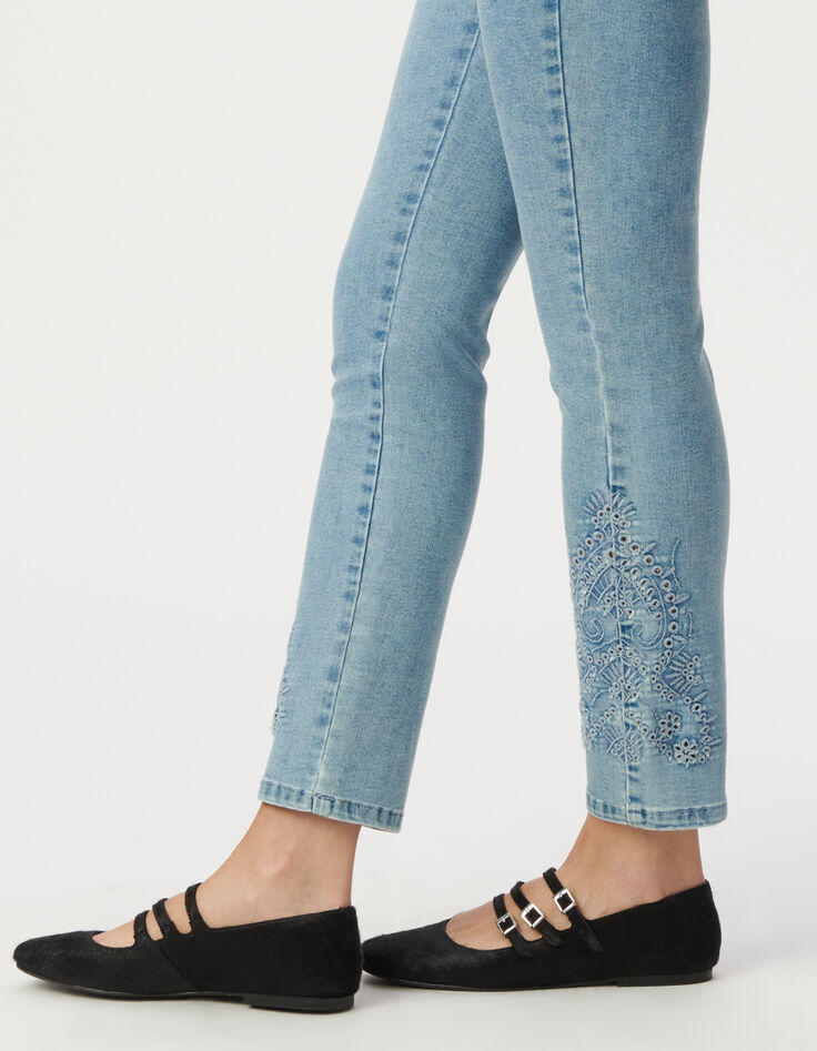 Blaue Slim-Damenjeans hoher Bund 7/8.-Dekor Stick-5