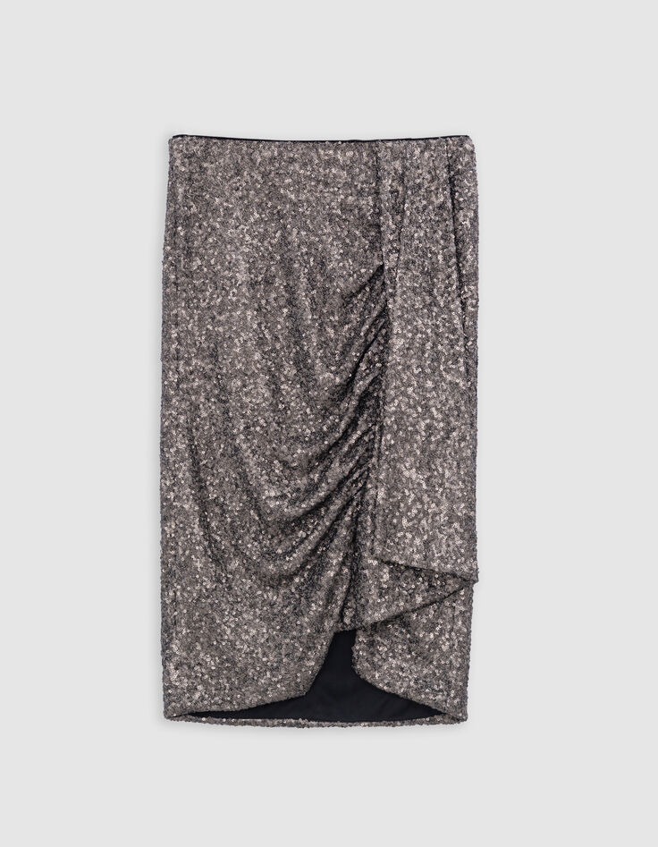 Asymmetrisch drapierter kurzer grauer Rock f&uuml;r Damen mit Metallpailletten-5