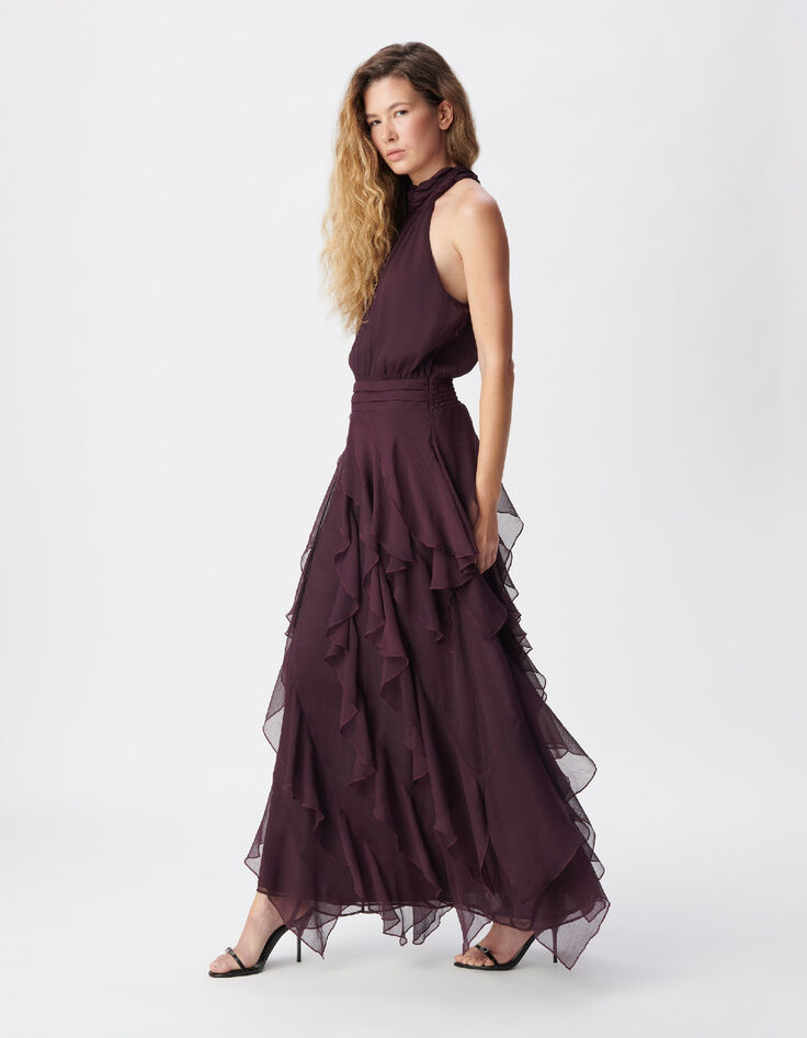 Samtiges burgunderfarbenes langes Kleid mit R&uuml;schen Damen-2
