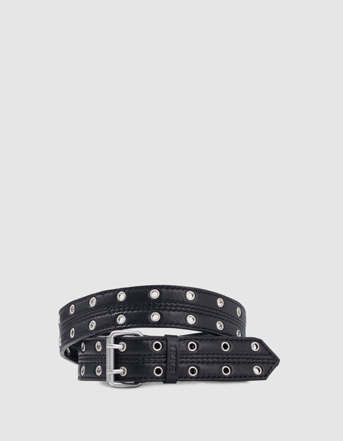 Ceinture noire cuir d&eacute;cor double &oelig;illets Femme - IKKS