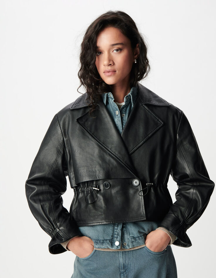 Veste oversize noire cuir coulisse taille Femme-4