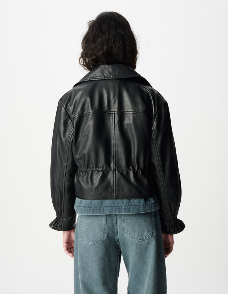 Veste oversize noire cuir coulisse taille Femme-3