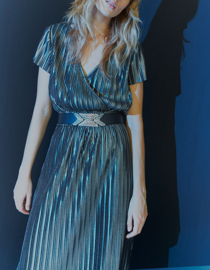 Langes silbernes Damen-Plisseekleid-7