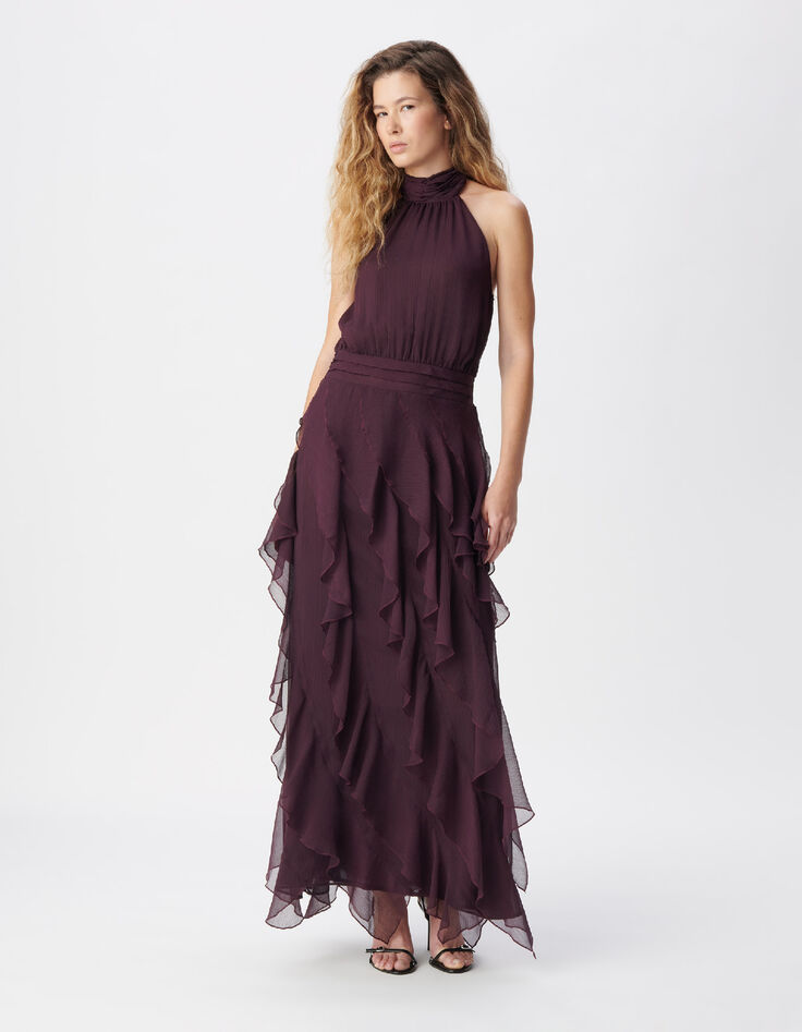 Samtiges burgunderfarbenes langes Kleid mit R&uuml;schen Damen-1