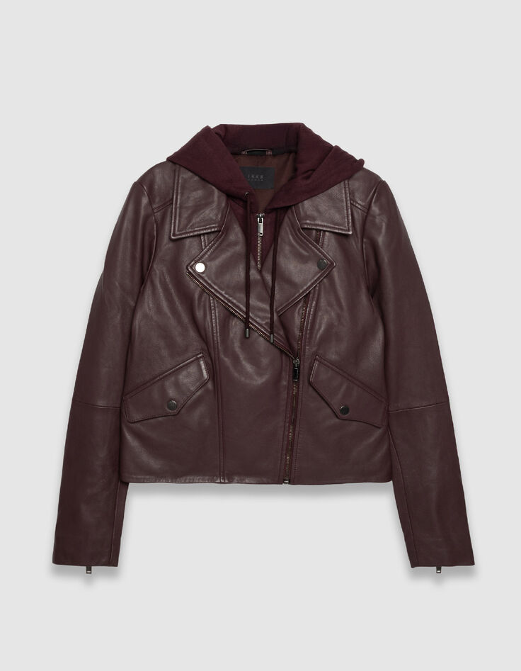 Veste cuir bordeaux esprit motard capuche amovible Femme-7