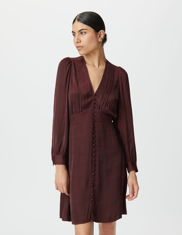 Bordeauxrotes Damenkleid bezogene Kn&ouml;pfe-3