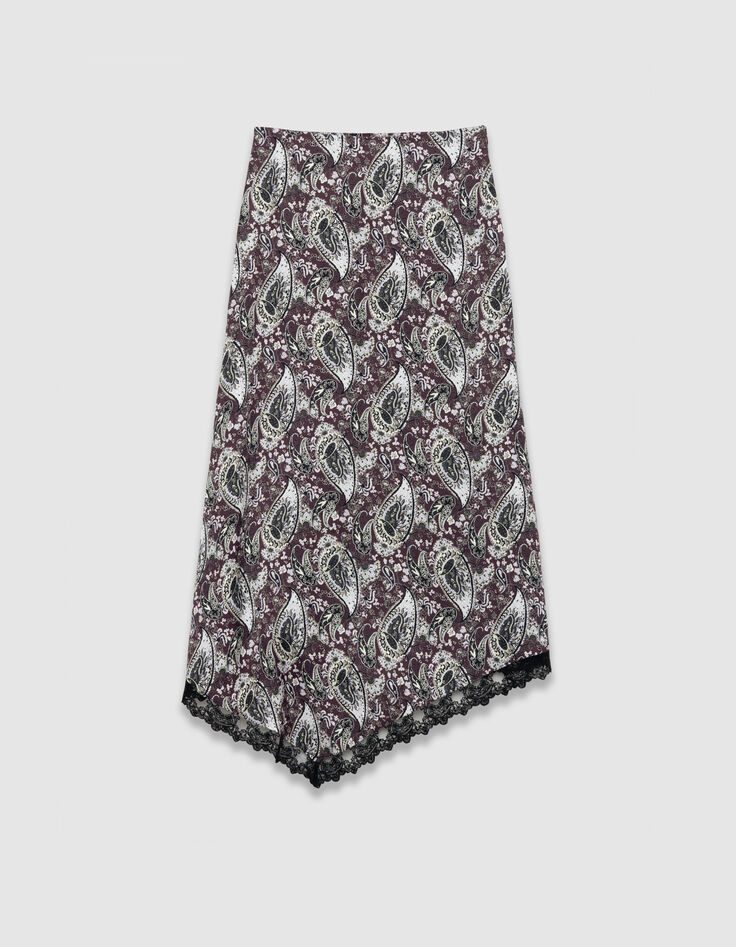 Asymmetrischer langer Rock mit bordeauxfarbenem Paisleymuster Damen-7
