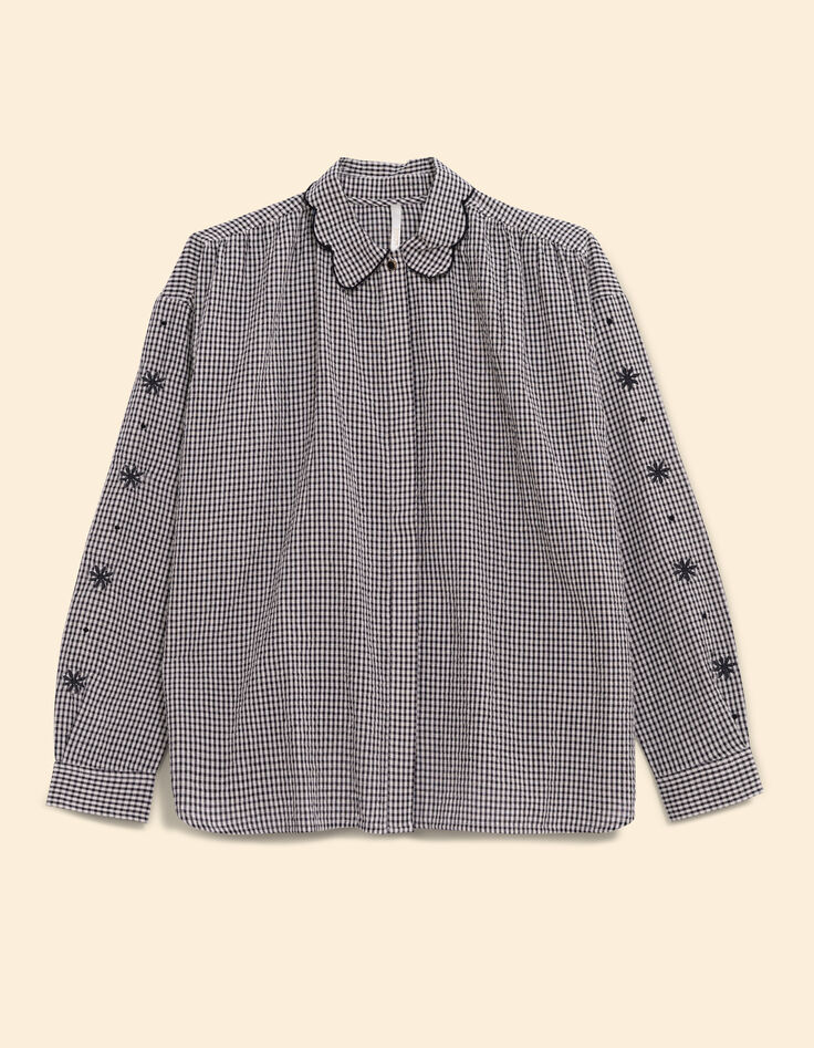 Hemd in Ecru mit Gingham-Muster und gestickten Blumenärmeln I.Code-7