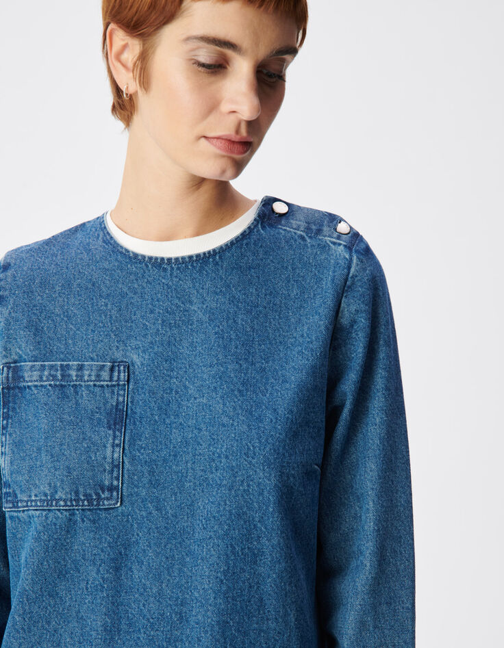 Blaues Kleid aus Denim f&uuml;r Damen mit drei aufgesetzten Taschen-5
