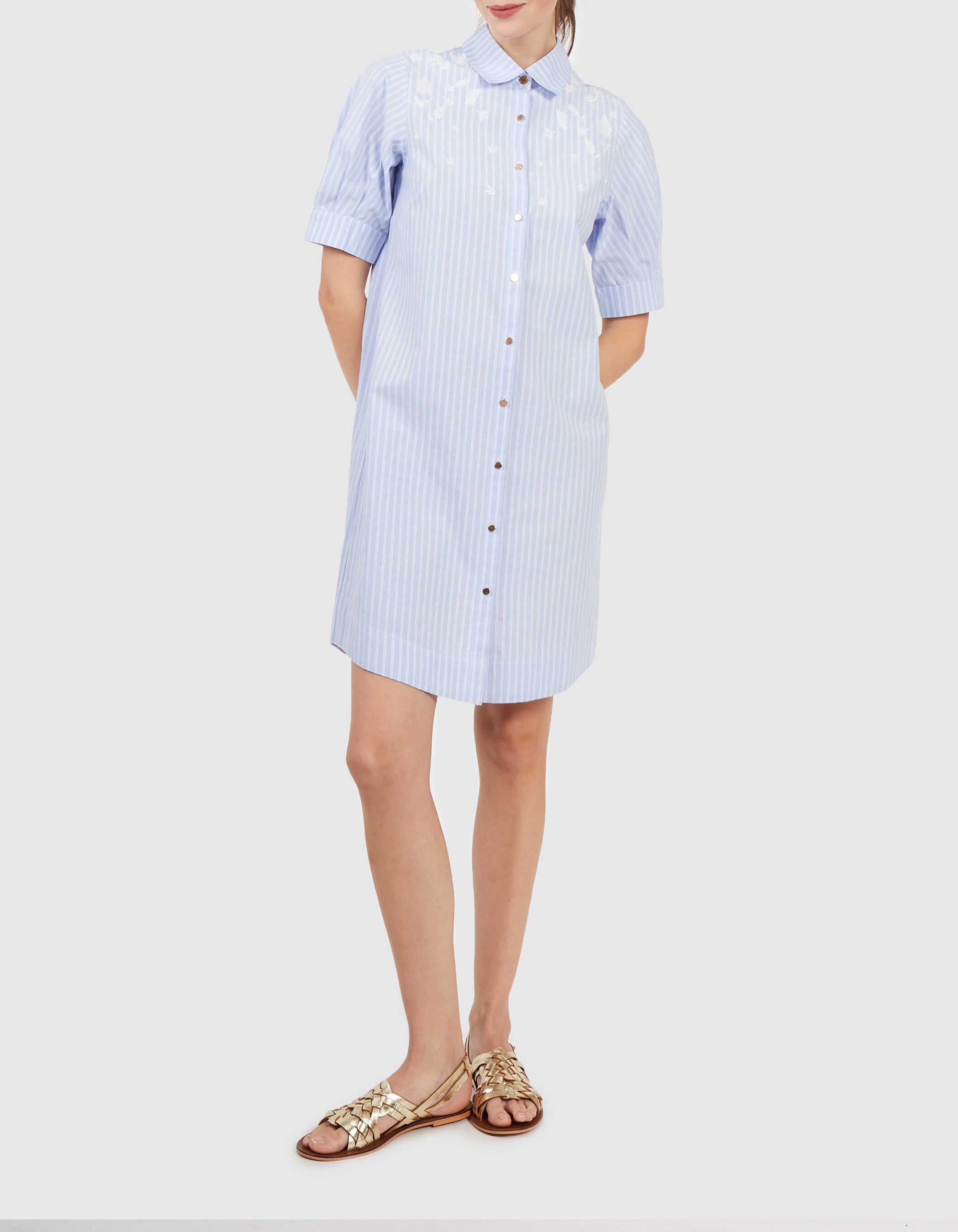 Robe chemise bleu ciel rayee broderies plastron I.Code