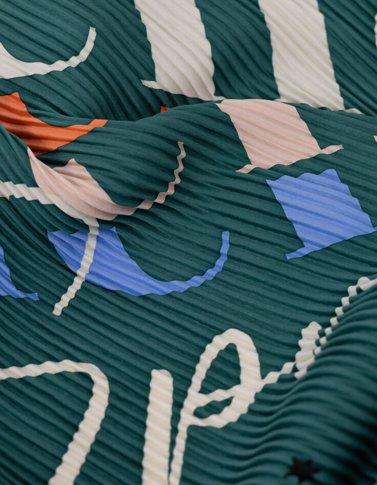 Green pleated square scarf maxi birds and message I.Code-4