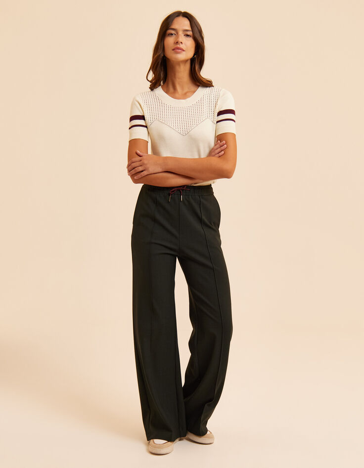 I.Code white openwork knit sweater with burgundy stripes-7