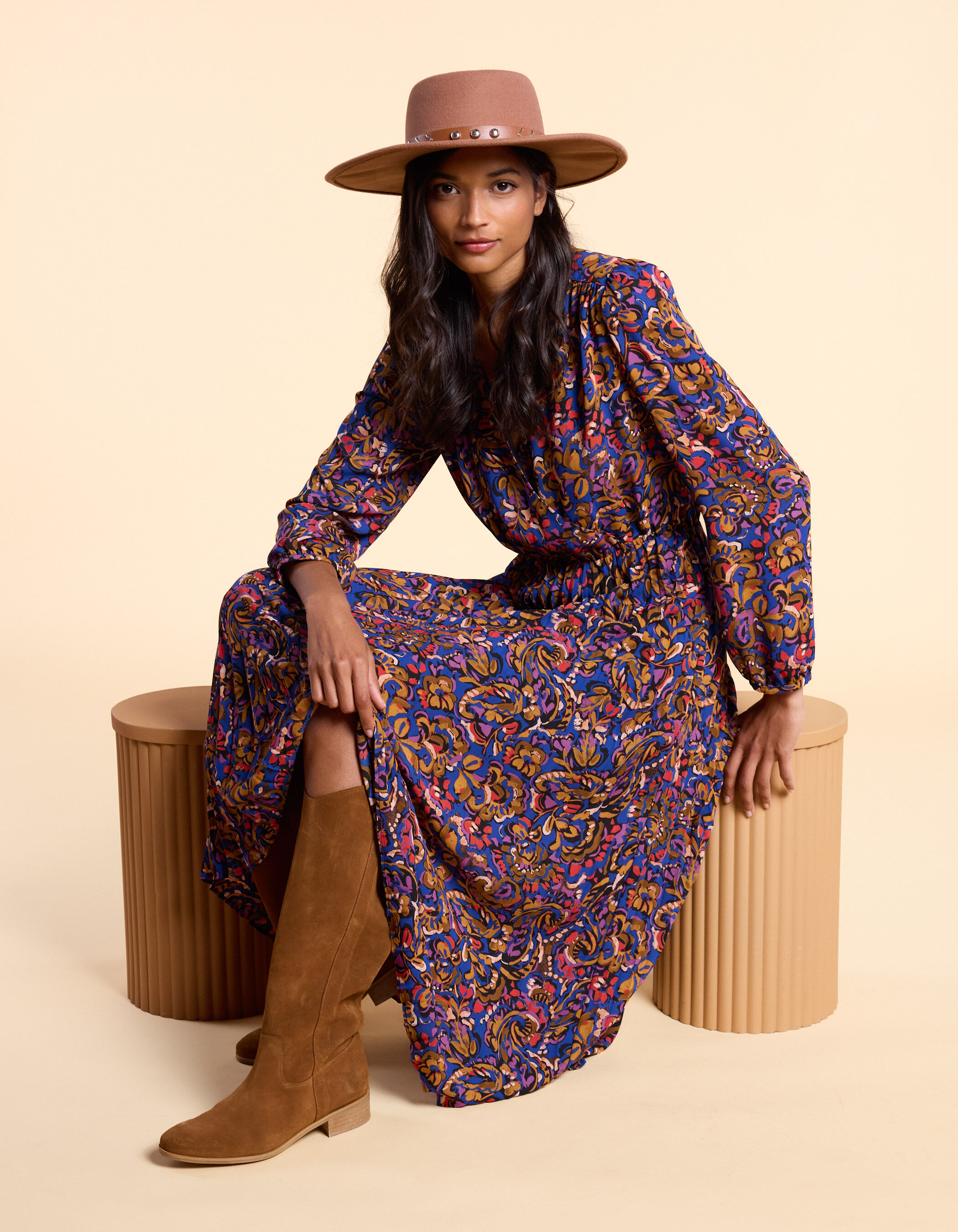 Robe longue camel imprime cachemire multico I.Code