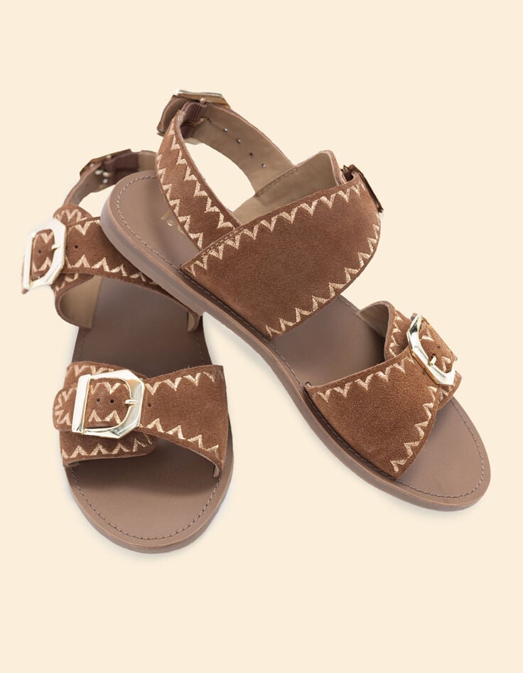 Sandales plates camel cuir velours brodé I.Code-6