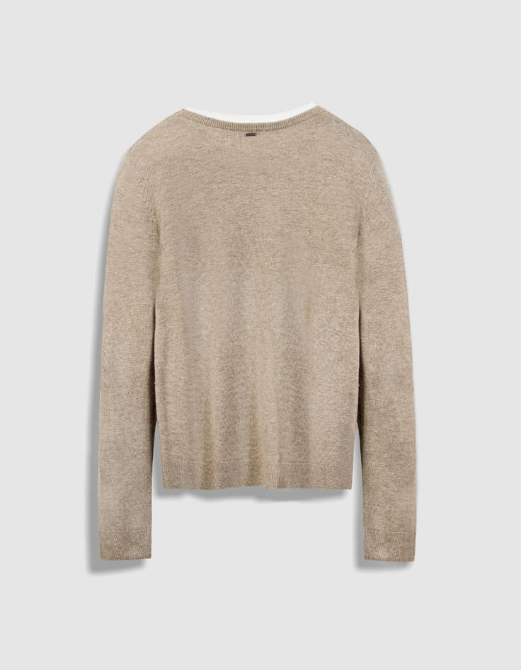 Beigefarbener Wollstrickpullover f&uuml;r Damen mit Trompe-l'oeil-Kragen-7