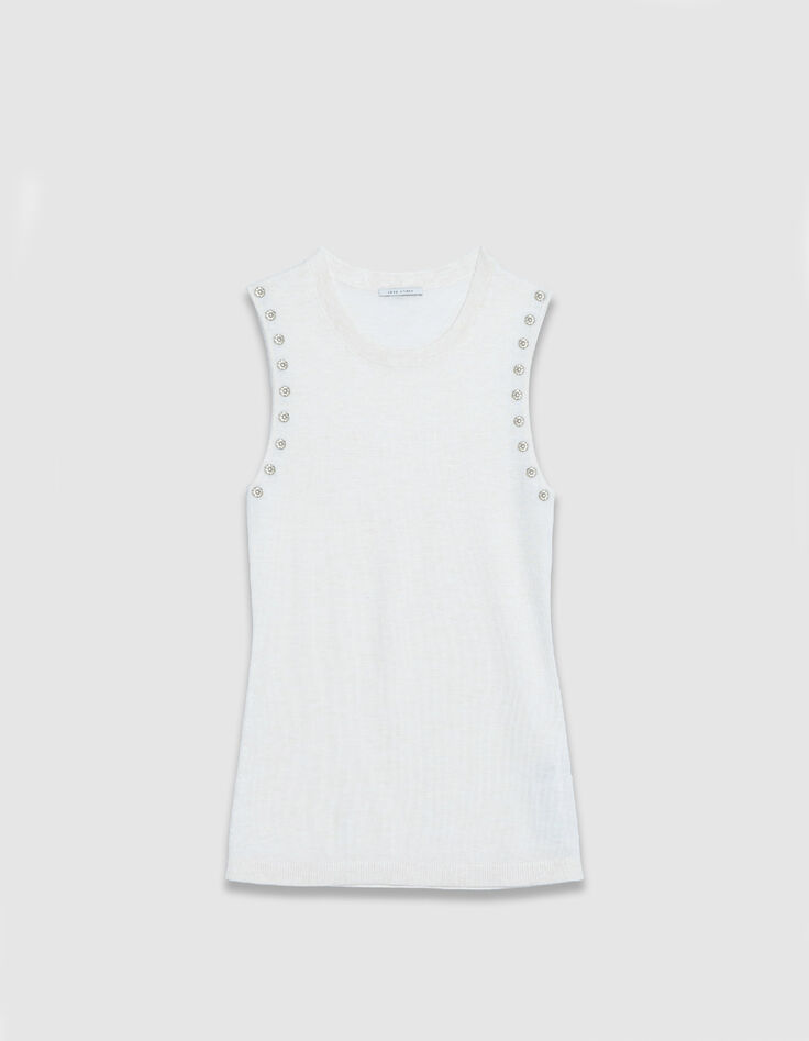 &Auml;rmelloser ecrufarbener Strickpullover f&uuml;r Damen mit Strasskn&ouml;pfen-6