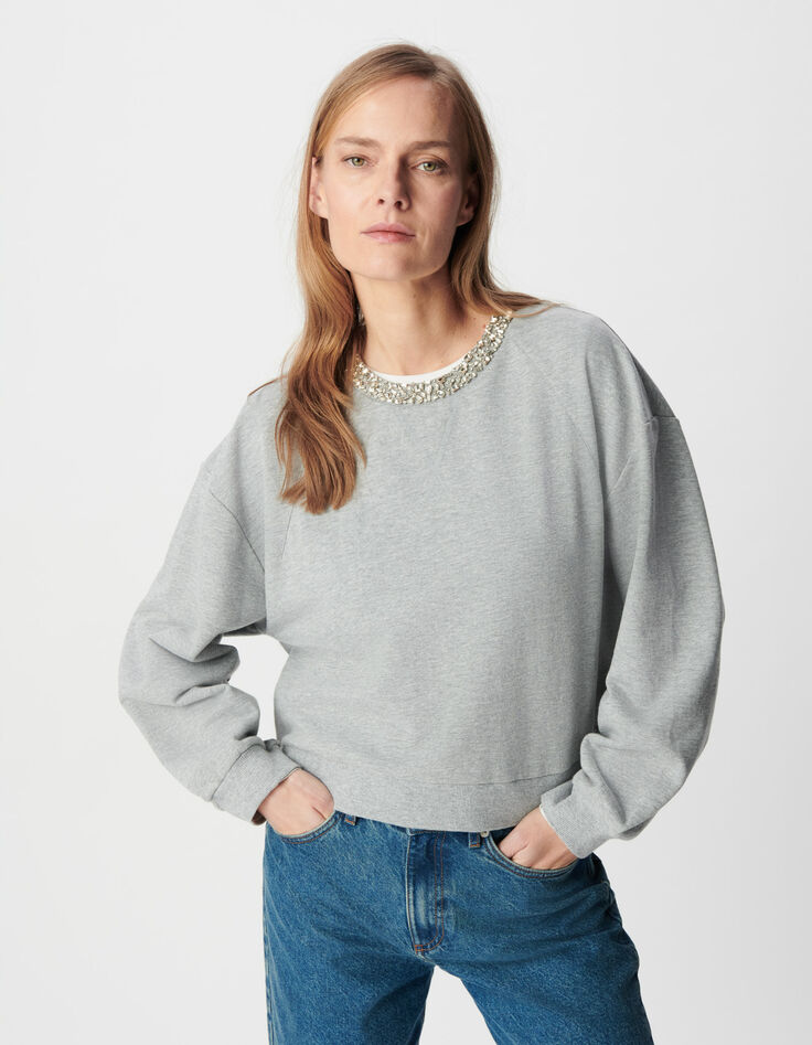 Graues Sweatshirt mit Juwelenausschnitt in &Uuml;bergr&ouml;&szlig;e Damen-2