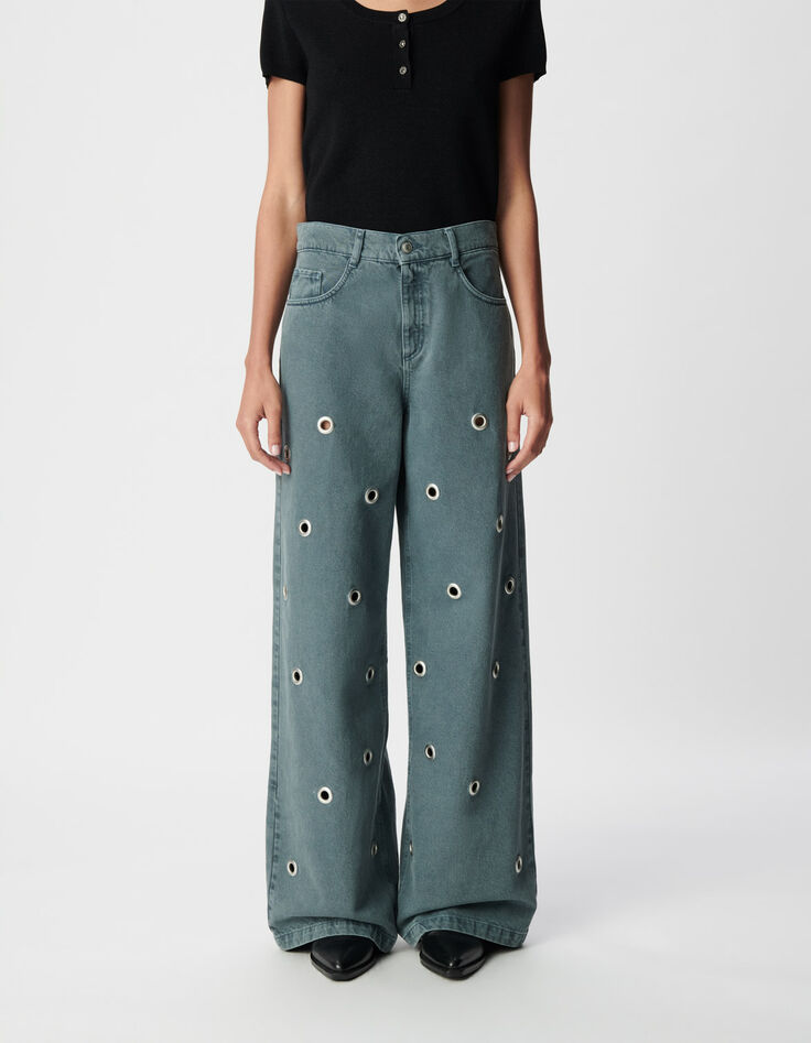 Edie Damen Jeans mit hoher Taille und weitem Bein mit &Ouml;senmuster-2