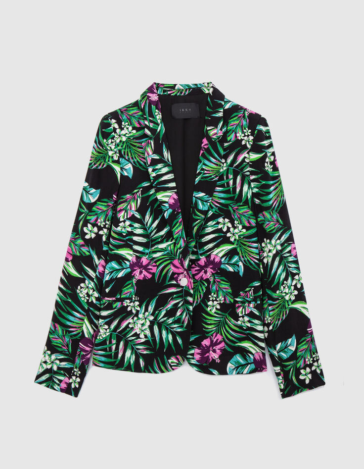 Schwarzer Damenblazer mit tropischem Print-5