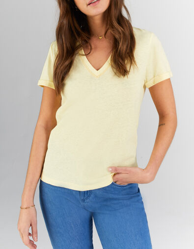 I.Code yellow V-neck T-shirt with gold seam
