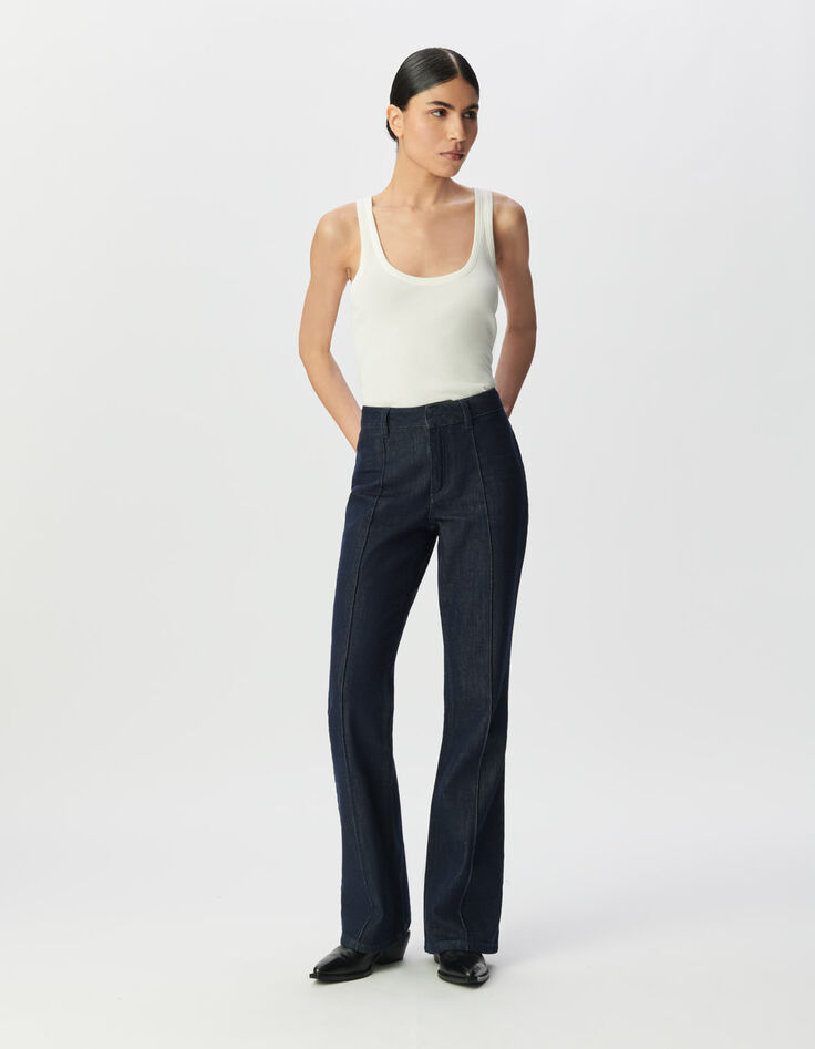 Ungebleichte Flare-Damenjeans hohe Taille Falten vorne-2