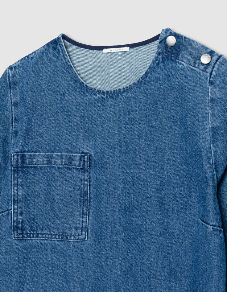 Blaues Kleid aus Denim f&uuml;r Damen mit drei aufgesetzten Taschen-7