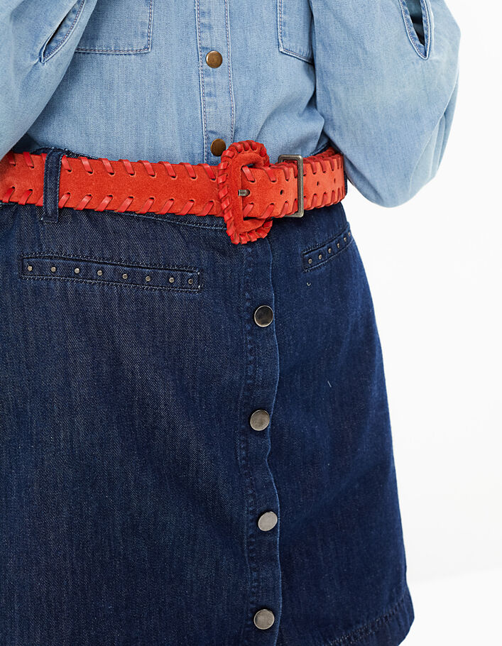 Jupe en jean brut déchiré bande latérale 5 poches braguette zippée