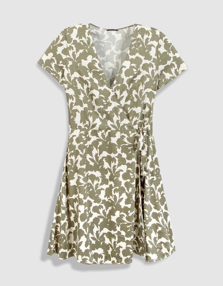 Khakifarbenes Sommerkleid im Wickel forme mit Pflanzenmuster f&uuml;r Damen-6