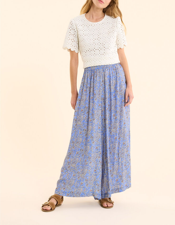 Blauwe wideleg broek kasjmier-bloemenprint I.Code-1