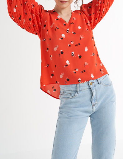 Top spicy naranja flores manga plisada I.Code