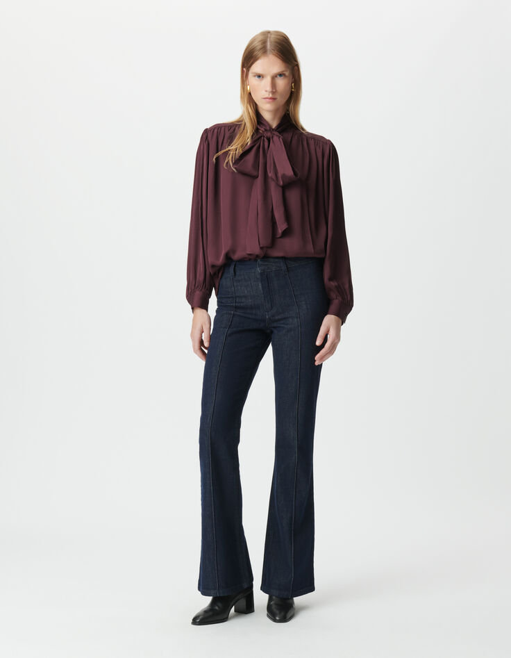 Ungebleichte Flare-Damenjeans hohe Taille Falten vorne-1