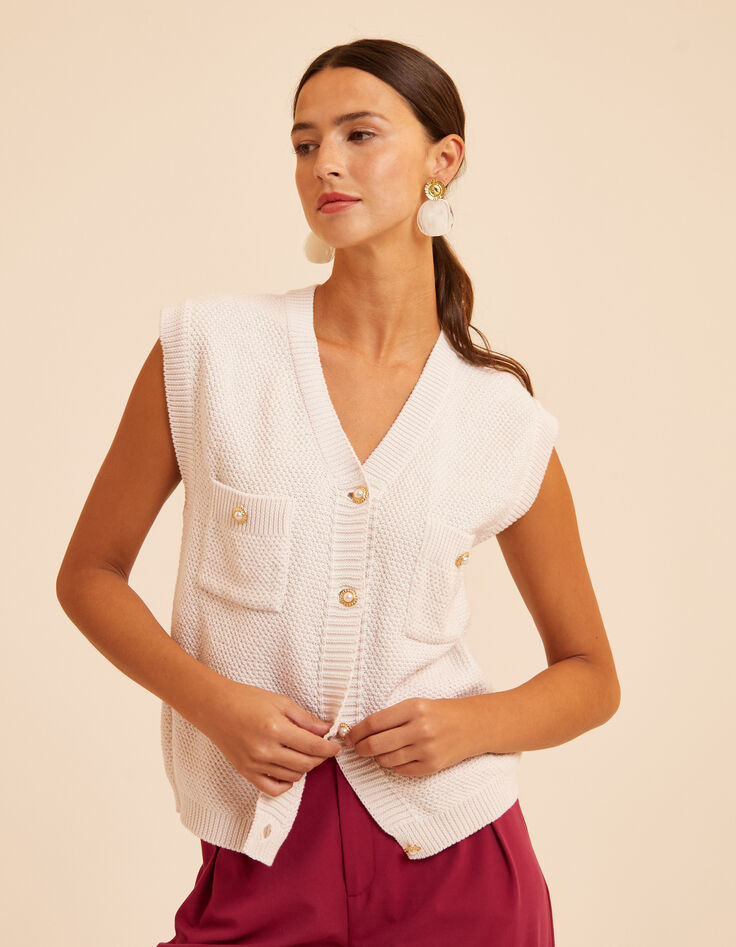 Cremeweiße ärmellose Strickjacke I.Code-1 Cremeweiße ärmellose Strickjacke I.Code-1